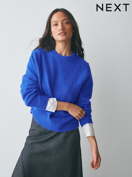 Cobalt Blue - Long Sleeve Crew Neck Knitted Jumper With Wool