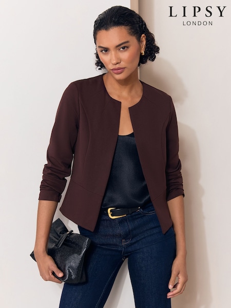 Chocolate Brown - Lipsy Cropped Collarless Jersey Blazer