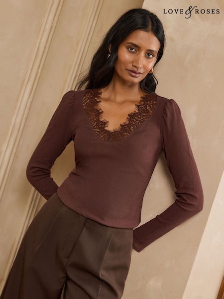 Шоколадты қоңыр - Love & Roses Long Sleeve Lace V-neck Ribbed Jersey Top