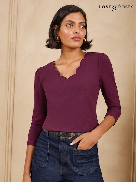 Rouge bordeaux - Love & Roses 3/4 Sleeve Scallop V-neck Jersey Top