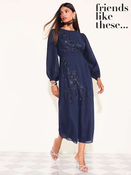 Navy - Friends Like These Floral Embellished Chiffon Long Sleeve Midi Dress