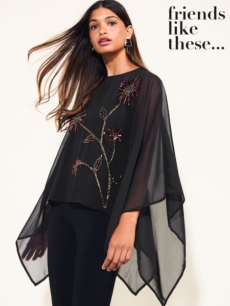 黑色 - Friends Like These Premium Chiffon Embellished Cape Top