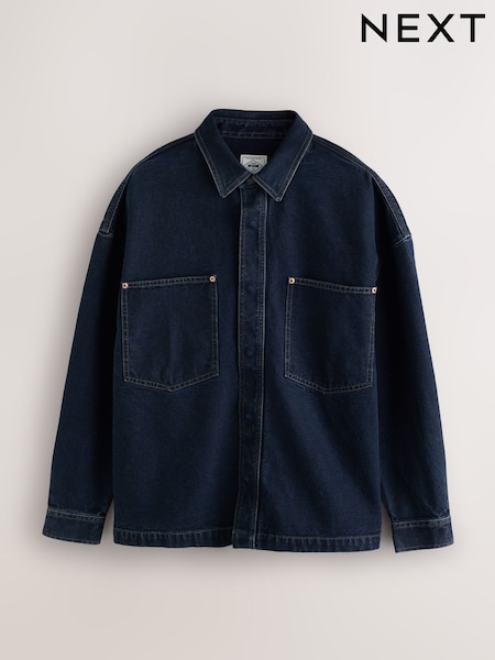 أزرق داكن - Regular Relaxed Drop Shoulder Denim Overshirt