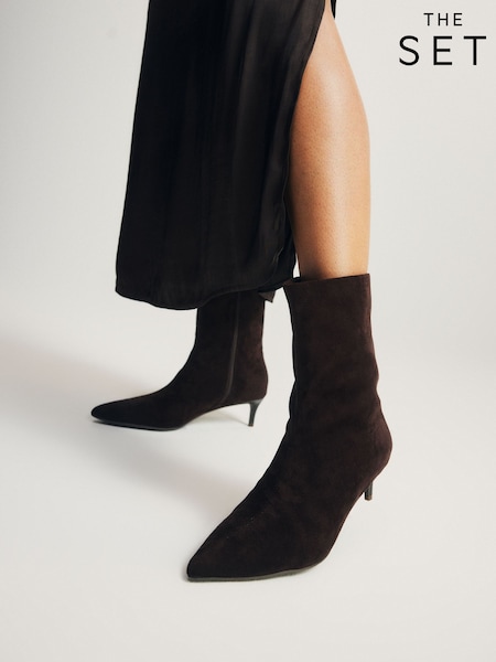 Chocolate Brown Faux Suede - The Set Kitten Heel Ankle Sock Boots