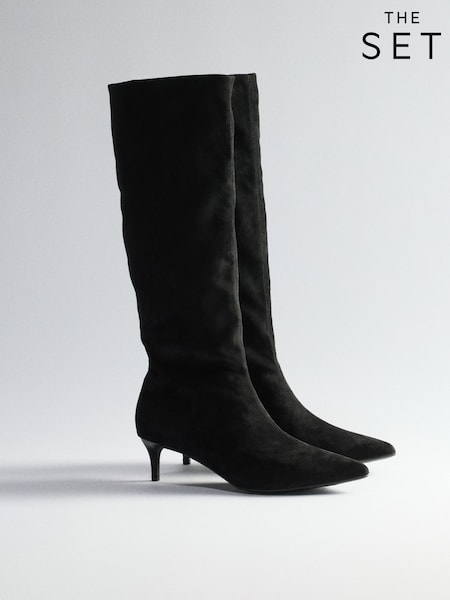Black Faux Suede - The Set Kitten Heel Knee High Sock Boots