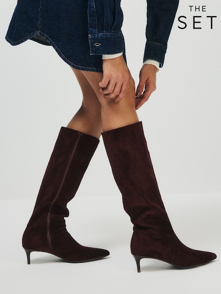 Chocolate Brown - The Set Kitten Heel Knee High Sock Boots