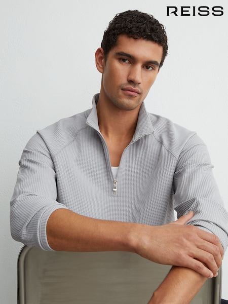 Soft Blue - Regular Reiss Lennox Waffle Half-zip Funnel-neck Sweatshirt