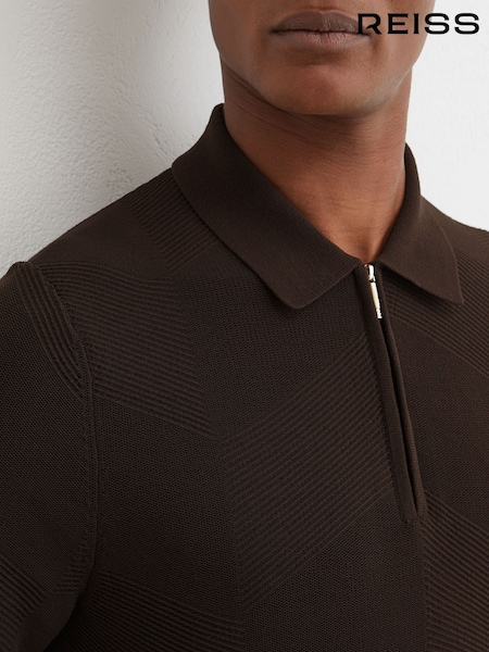 Chocolate Brown - Regular Reiss Leigham Cotton-blend Chevron-knit Half-zip Polo Shirt
