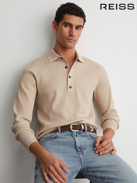 Stone - Regular Reiss Admiral Ribbed Half-button Polo Shirt