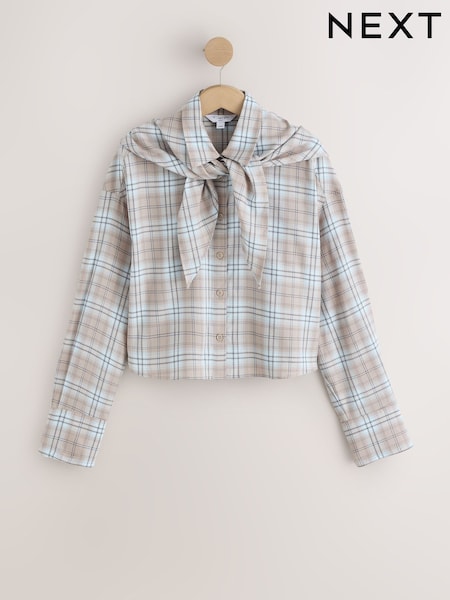 משבצות באפור/כחול - Cropped Flannel Shirt With Neck Scarf