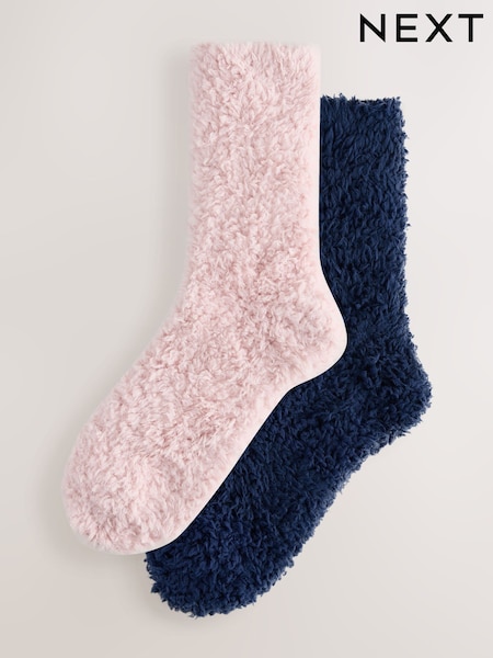 Navy Blue/Soft Pink - Teddy Fleece Supersoft Cosy Socks 2 Pack
