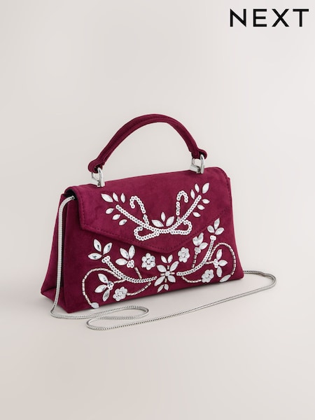Burgundy Red - Velvet Embellished Hand Held Bag