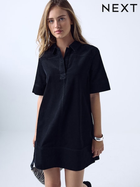 Black - Short Sleeve Over Head Cord Mini Dress