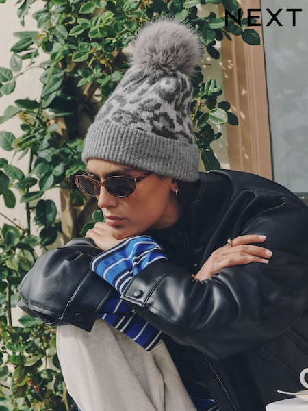 Grey Leopard - Pom Beanie Hat