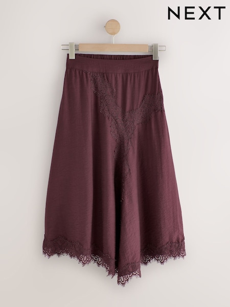 Burgundy Red - Satin Asymmetric Midi Skirt With Lace Trim