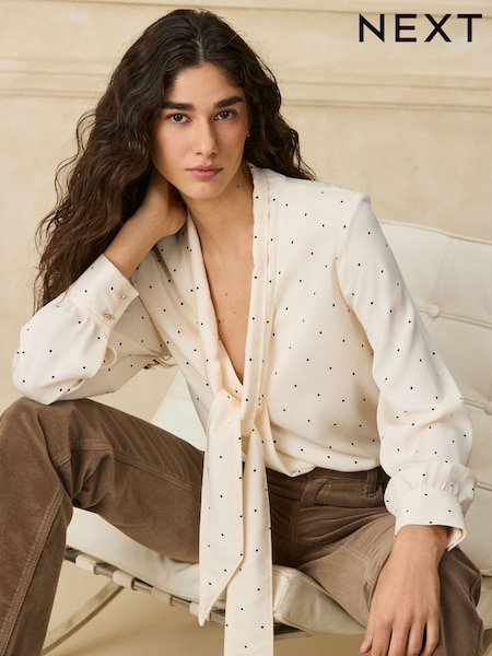 Крем/Қара нүктелі полка - Overhead Tie Neck Long Sleeve Blouse