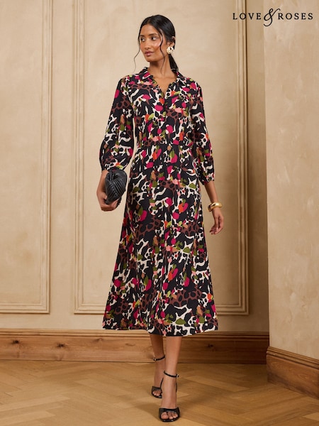 Multi Animal - Love & Roses Drop Waist Midi Shirt Dress