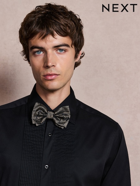 Black - Regular Cotton Rich Pleated Front Smart Shirt And Gold Lurex Bow Tie Set