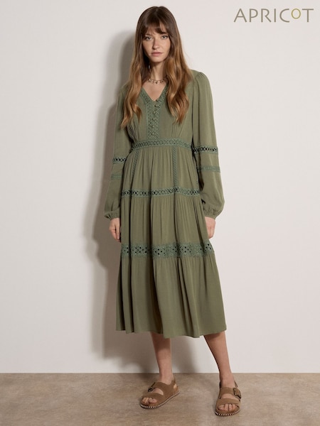 Green - Apricot Lace Trim Tiered Midi Dress
