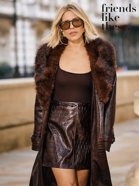 Chocolate Brown - Friends Like These Croc Effect Faux Leather Pu Mini Belt Skirt