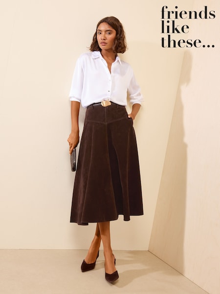Chocolate Brown - Friends Like These Full Hem Midi Faux Suede Skirt