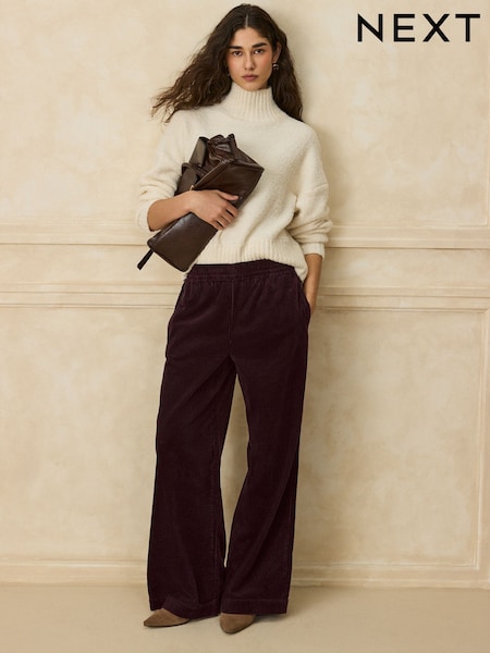Burgundy Red - Wide Leg Soft Cord Trousers