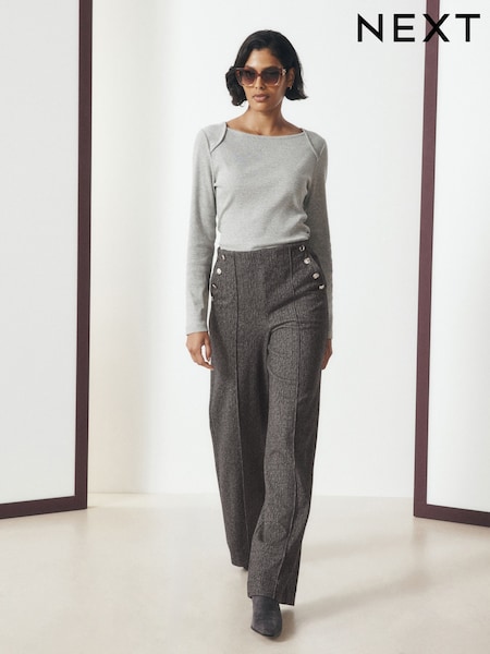 Grey Herringbone - Ponte Wide Leg Trousers With Button Detailing