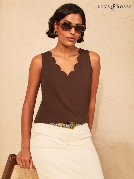 Chocolate Brown - Love & Roses Scallop Scoop Neck Vest