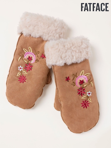 Tan Brown - Fatface Faux Fur Floral Embroidered Mittens