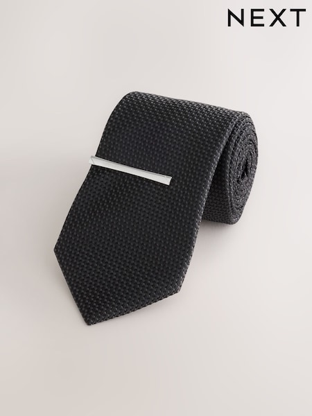 Black - Regular Texture Tie With Clip