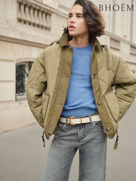 Khaki Green - Contrasted Quilted Padded Coat Removable Hoodie