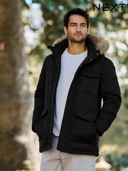 Black - Regular Shower Resistant Faux Fur Hooded Parka With Quilted Lining