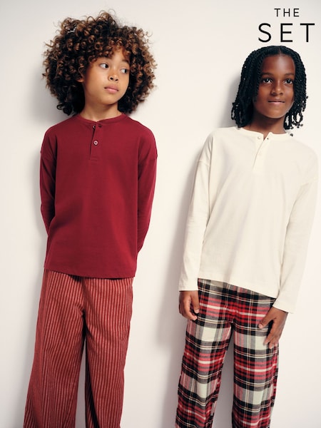 Red Check/Cream Stripe - The Set 2 Pack Long Sleeve Jersey T-shirts And Christmas Check Woven Bottom Pyjamas Set