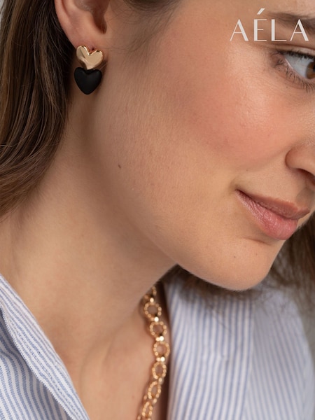 Black - Aela Matte Heart Drop Black Earrings