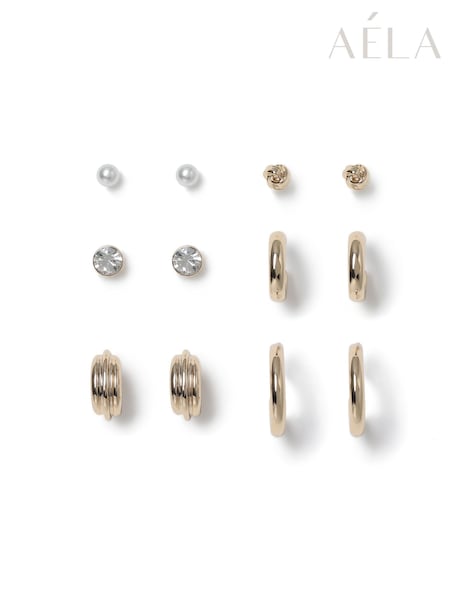Gold Tone - Aela Gold Tone Metal Hoop Stud Earrings 6 Pack