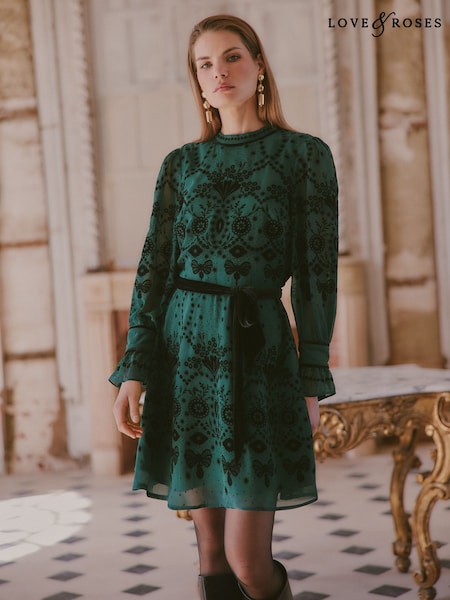 Forest Green - Love & Roses Flocked Belted Mini Dress