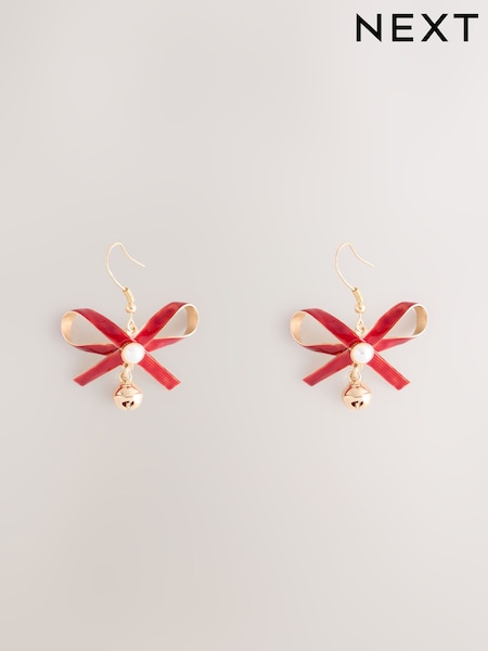 Red - Christmas Bow Bell Stud Earrings