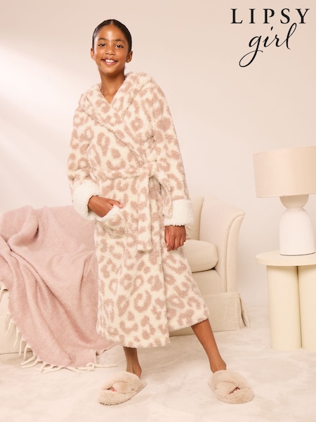 Cream Leopard - Lipsy Soft Touch Hooded Longer Length Dressing Gown (5-16yrs)