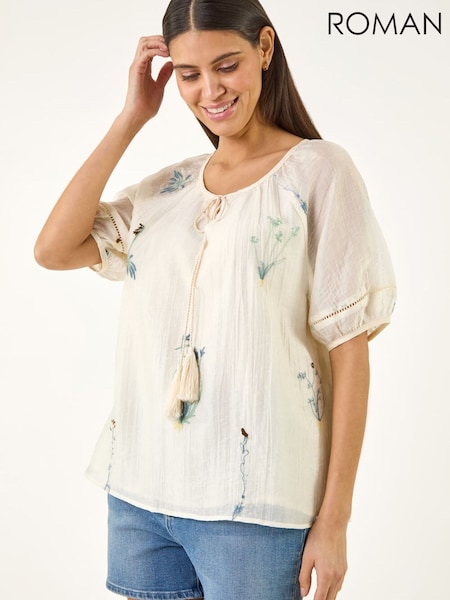 White - Roman Botanical Embroidery Keyhole Top