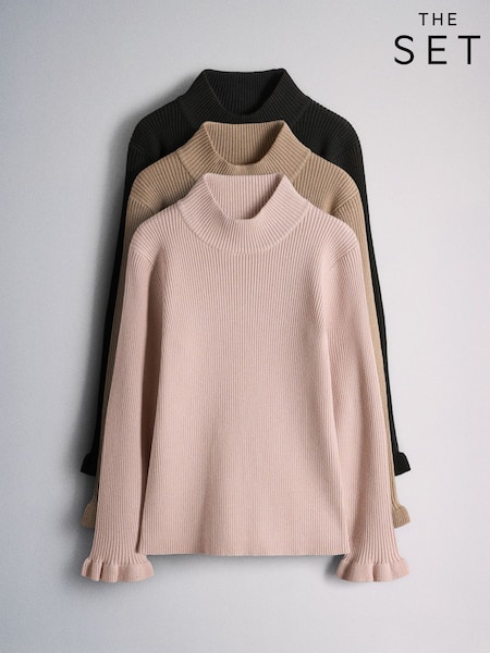 Pink/Cream - The Set 3 Pack Knitted Long Sleeve Roll Neck Rib Jumpers