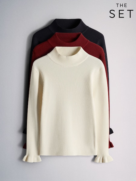 Red/Navy/Green - The Set 3 Pack Knitted Long Sleeve Roll Neck Rib Jumpers