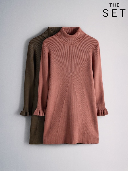 Pink/Brown - The Set 2 Pack Knitted Long Sleeve Roll Neck Rib Dresses