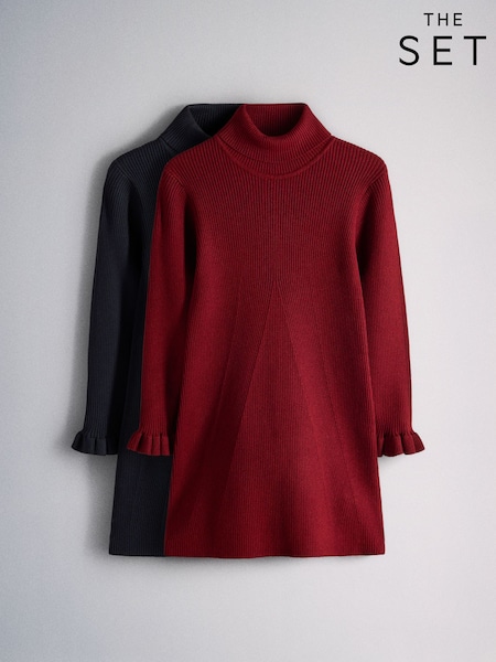 Red/Green - The Set 2 Pack Knitted Long Sleeve Roll Neck Rib Dresses