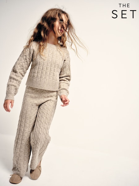 Light Brown Marl - The Set Knitted Cable Crew Neck Jumper And Wide Leg Joggers Co-ord Set