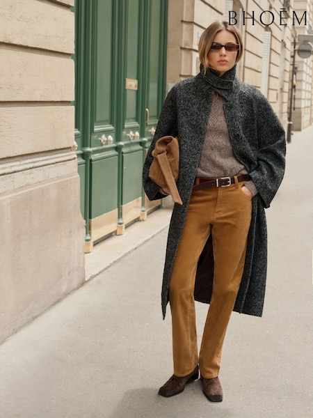 Grey - Herringbone Textured Shirt Collar Belted Coat With Wool
