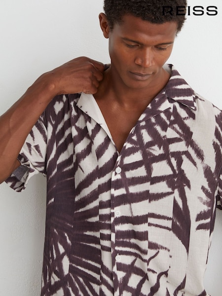 Bordeaux - Regular Reiss Shindora Plissé Printed Cuban-collar Shirt