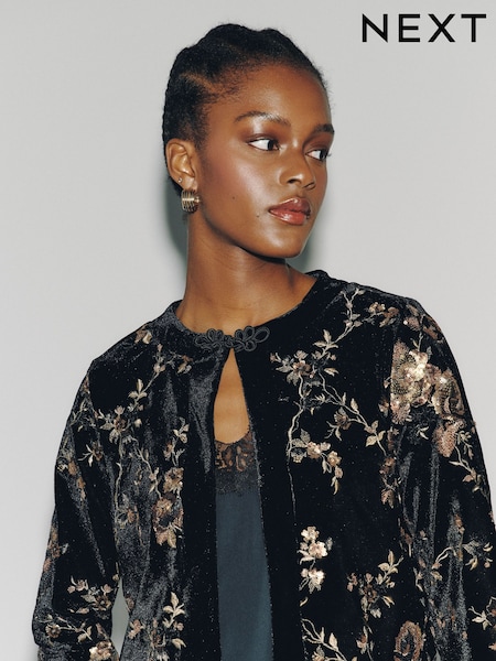 Black - Long Sleeved Embellished Knot Fastening Jacket