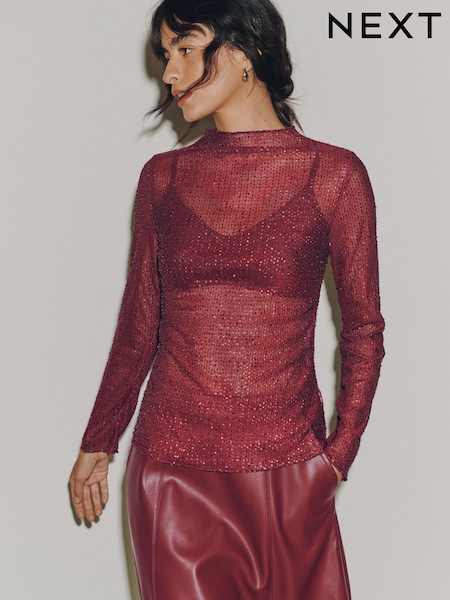 Wine - Long Sleeved Embellished Mesh Top