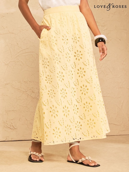 Butter Yellow - Love & Roses Broderie Midi Skirt