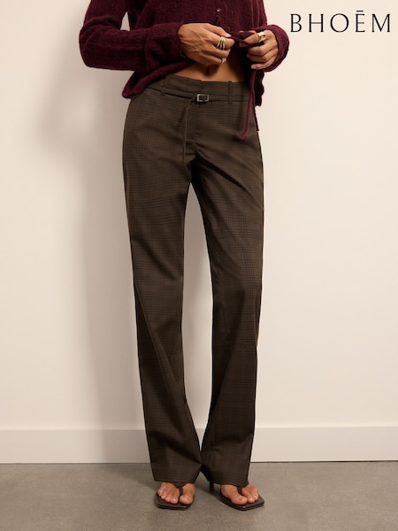Marrón - Plaid Checks Alto Rise Belted Stretch Tailored Bootcut Trousers
